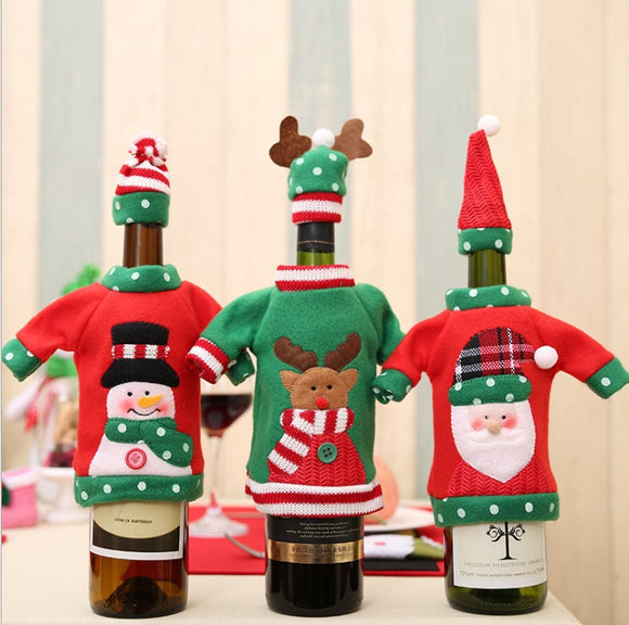 Sweater Christmas Wine Bottle Covers, Holiday Wine Bottle Sweater Cover with Hat for Ugly Christmas Sweater Party Decorations