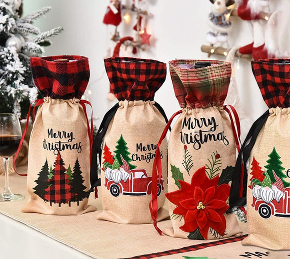 Christmas Wine Bottle Covers, Drawstring Wine Bottle Bags with Drawstring Burlap Wine Bottle Gift Bag for Christmas and New Year